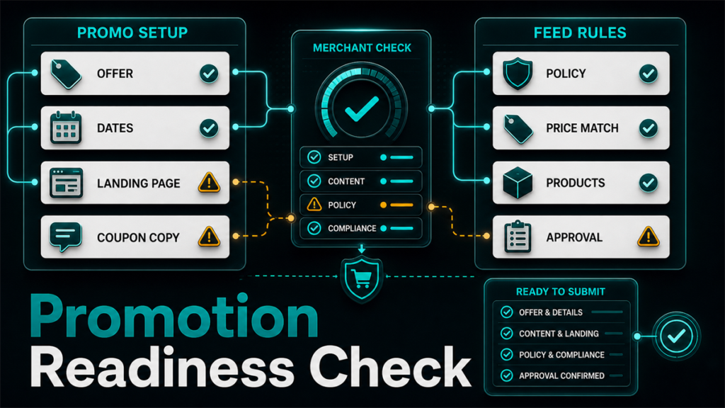 Promotion readiness split-screen comparing promo setup and feed rules with merchant check status and approval checklist.