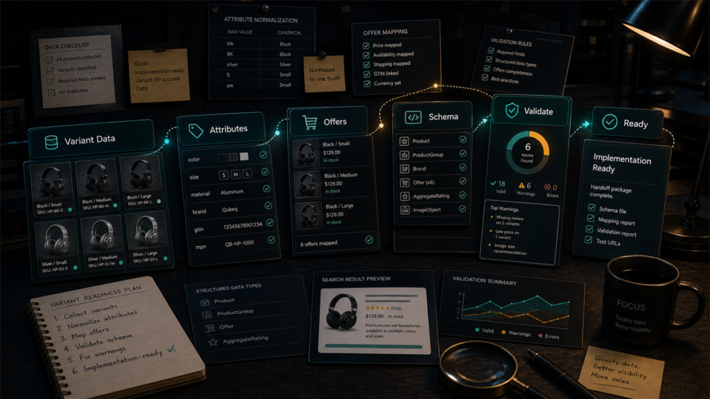 Dark structured data readiness path showing variant data, attributes, offers, schema validation, warnings, and implementation-ready handoff.
