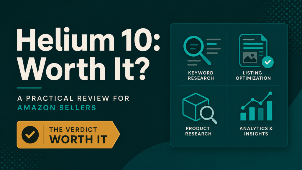 Qubeq blog banner for a Helium 10 review showing a stylized tool evaluation panel with a verdict badge in teal and gold tones