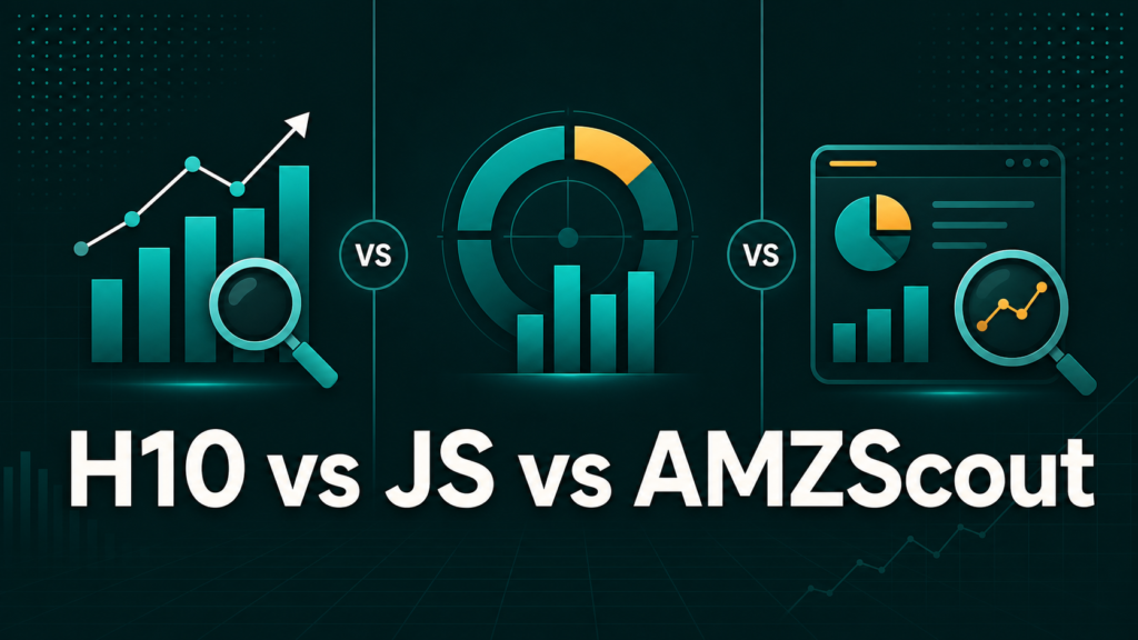 Qubeq blog banner comparing Helium 10, Jungle Scout, and AMZScout with a split-screen layout and versus element in teal tones