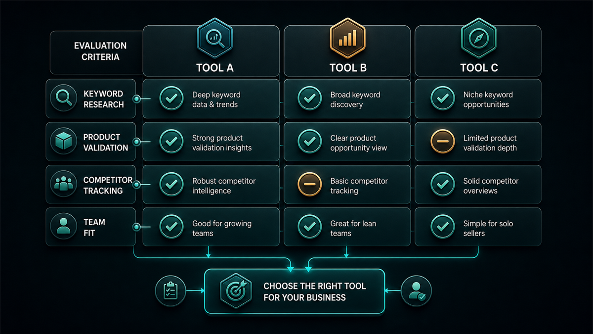 Neutral three-column tool-fit comparison matrix with keyword research, validation, tracking, and team-fit criteria.