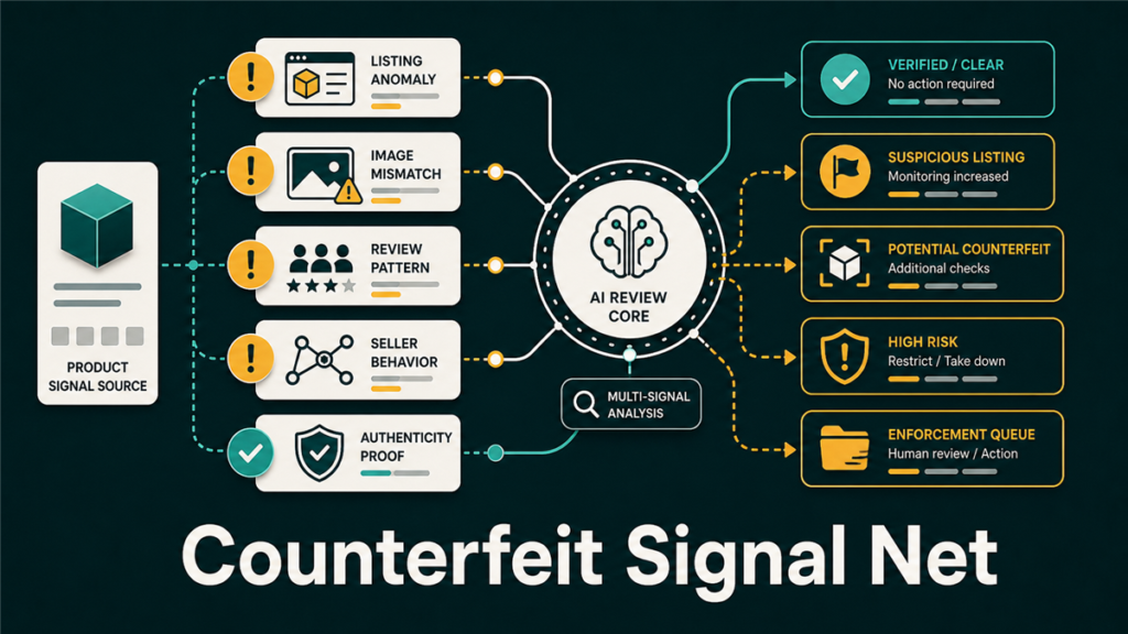 Counterfeit signal net showing listing anomaly, image mismatch, review pattern, seller behavior, authenticity proof, and enforcement queue checkpoints.