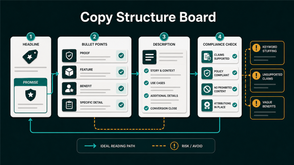 Amazon bullet point writing framework showing benefit-led structure, objection handling, and compliance checks