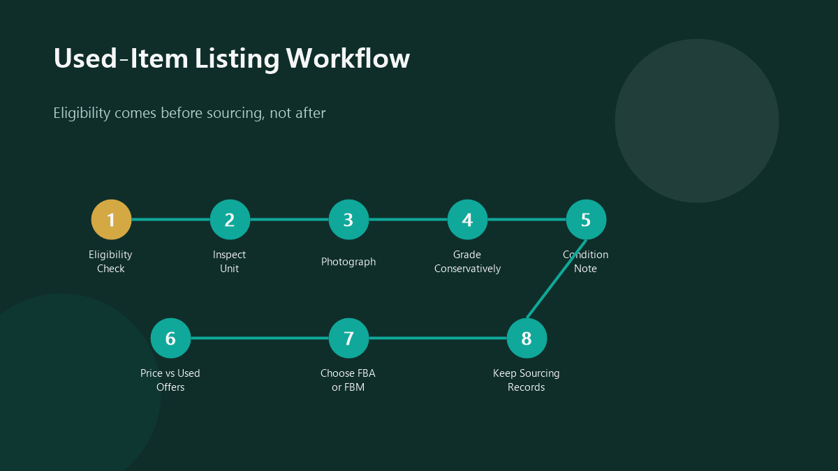 Eight-step workflow diagram for listing used items on Amazon, starting with category eligibility and ending with sourcing records