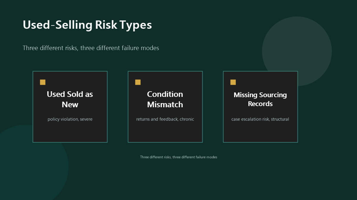 Comparison of three account health risks in used-condition selling: used sold as new, condition mismatch, and missing sourcing records