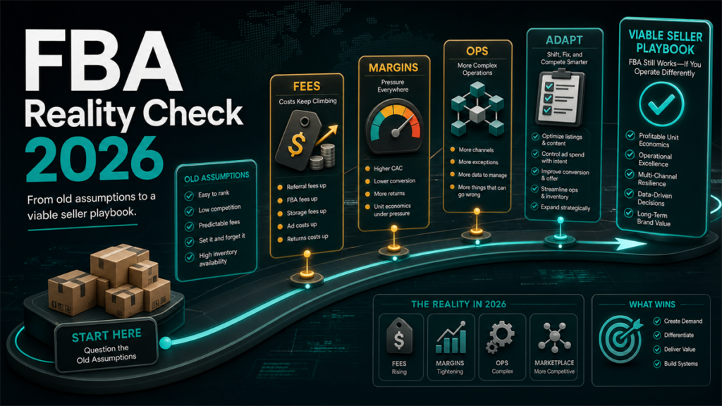 2026 FBA reality-check timeline showing rising fees, margin pressure, operational complexity, adaptation steps, and a viable seller playbook.