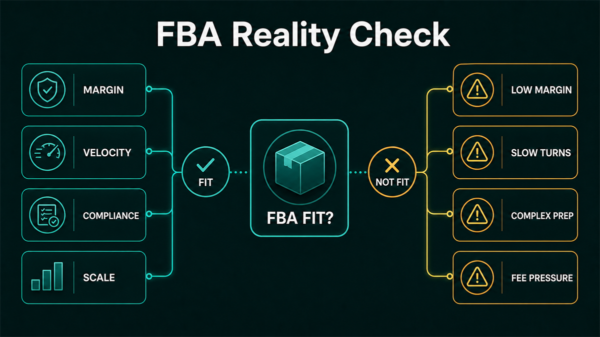 FBA reality check diagram comparing fit factors like margin, velocity, compliance, and scale against risk signals such as low margin, slow turns, complex prep, and fee pressure.