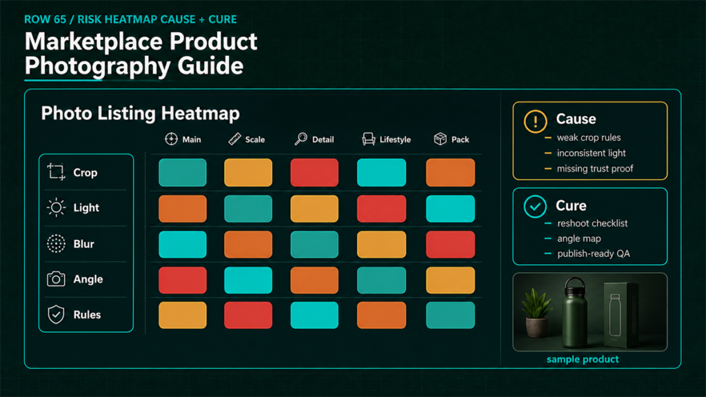 Product photography heatmap showing image risks across crop, lighting, blur, angle, and listing rules with cause and cure actions.