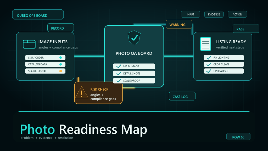 Dark teal ecommerce operations workflow diagram for The Marketplace Product Photography Guide.