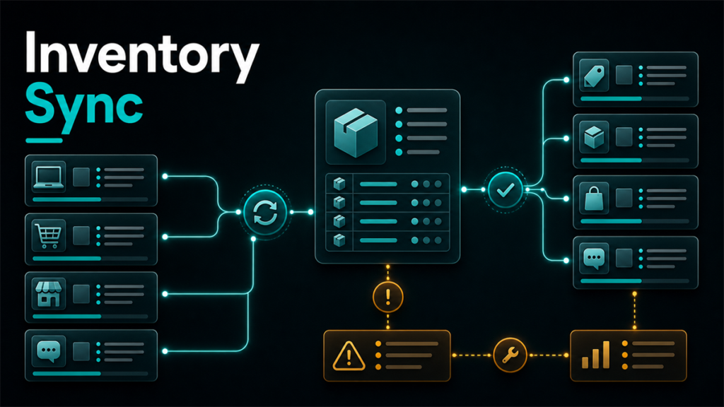Inventory manager comparing stock across Amazon, Walmart, Shopify, and warehouse locations