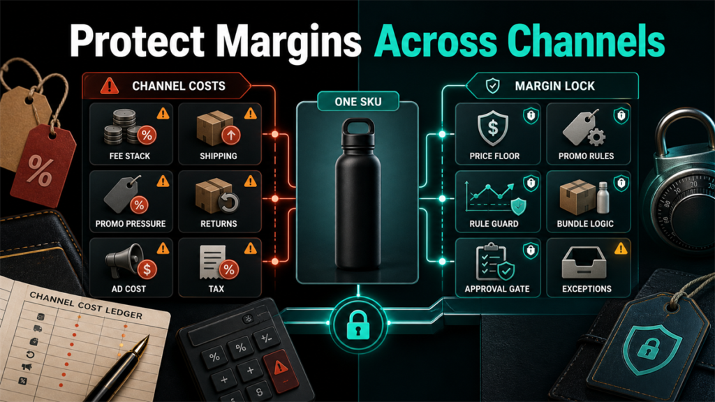 Multichannel margin protection board with channel costs, fee pressure, shipping, promotions, returns, tax, price floor, and exception gates.
