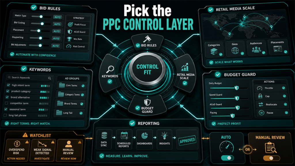 PPC automation comparison board with bid rules, keyword controls, reporting checks, budget guards, and review risk signals.