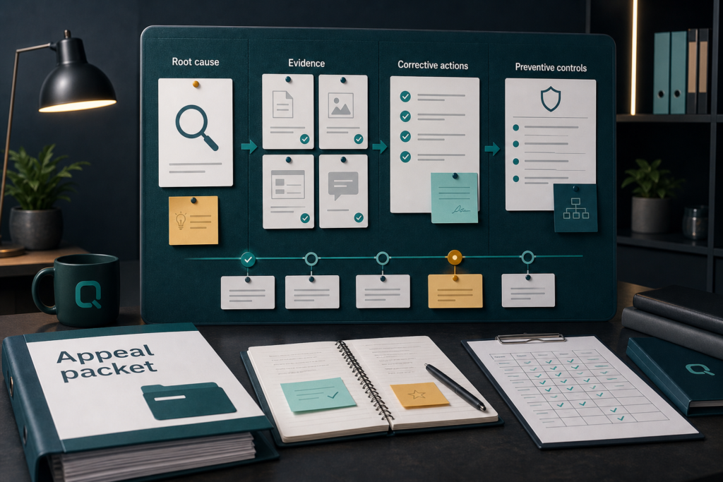 Root cause analysis workspace showing evidence review, corrective actions, preventive controls, and appeal-ready documentation for an Amazon seller case.