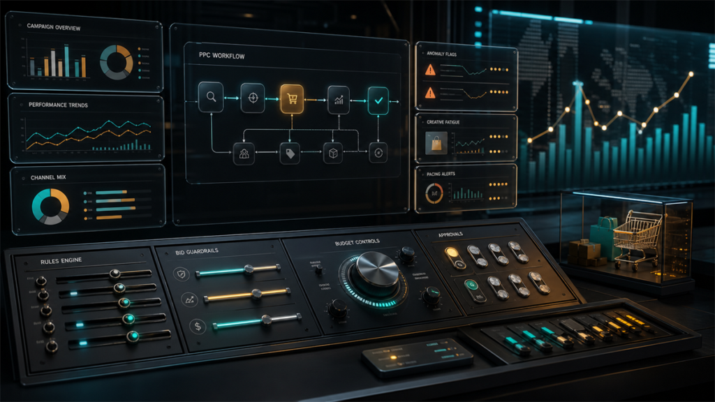 Dark retail-media PPC review command center with bid guardrails, workflow controls, approval toggles, budget dials, reporting panels, and anomaly flags.