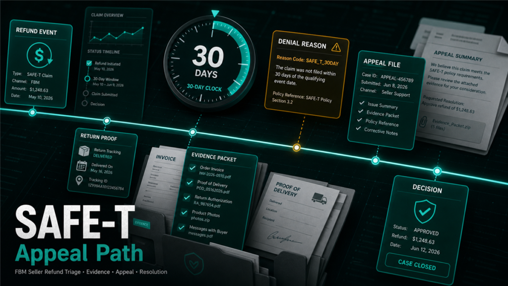 SAFE-T appeal path timeline showing refund event, 30-day clock, return proof, evidence packet, denial reason, appeal file, and decision.