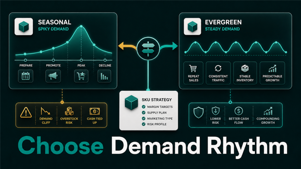 Decision framework comparing seasonal and evergreen Amazon products across demand, cash flow, inventory risk, and advertising