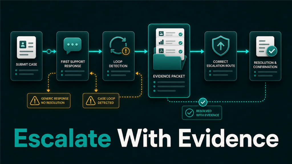 Escalation decision path showing unresolved Seller Central cases moving from first response to evidence review and escalation.