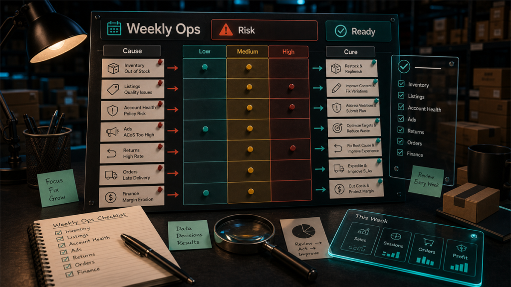Dark weekly Seller Central operations heatmap linking risk causes to cure actions across inventory, listings, account health, ads, returns, orders, and finance.