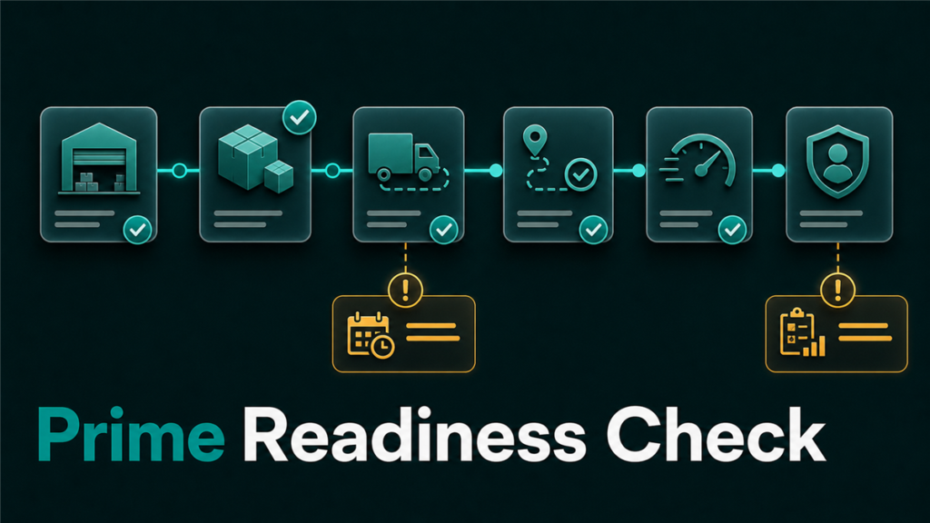 Seller Fulfilled Prime readiness map showing warehouse, carrier, delivery-speed, and account-health checkpoints without marketplace logos.