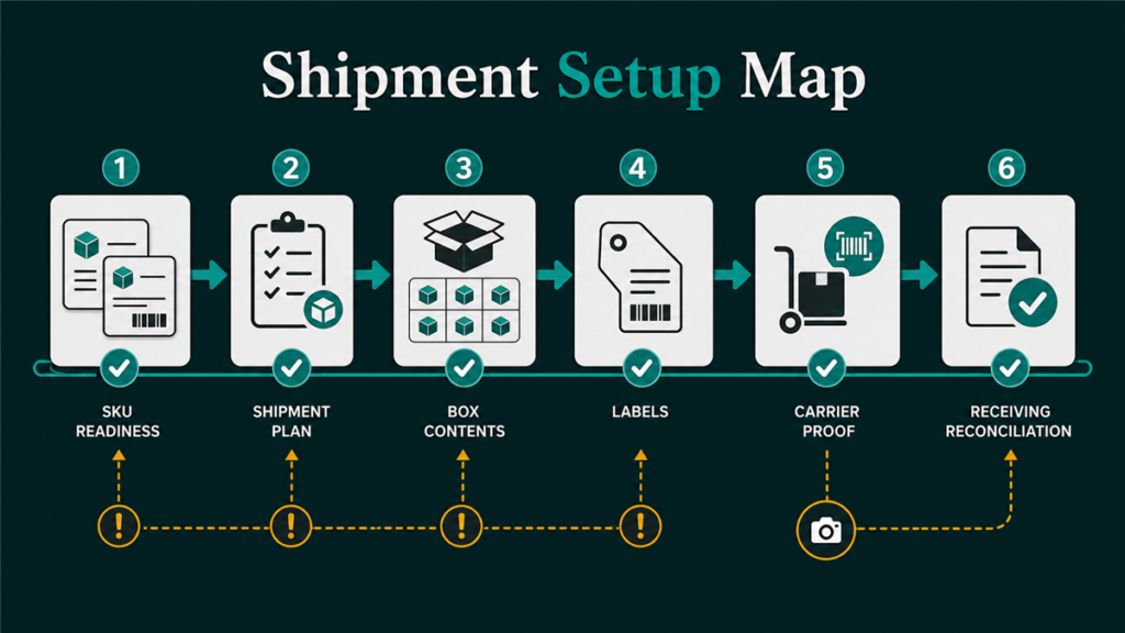 Workflow showing SKU readiness, prep, box content, labels, carrier details, and reconciliation in Send to Amazon.