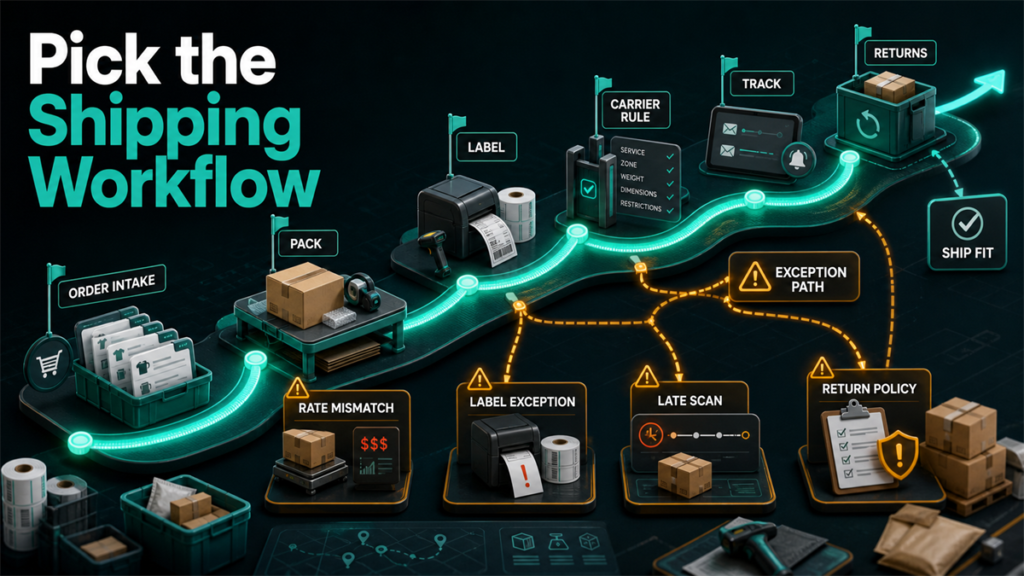 Shipping tool decision path showing order intake, packing, label creation, carrier rules, tracking, returns, and exception handling.