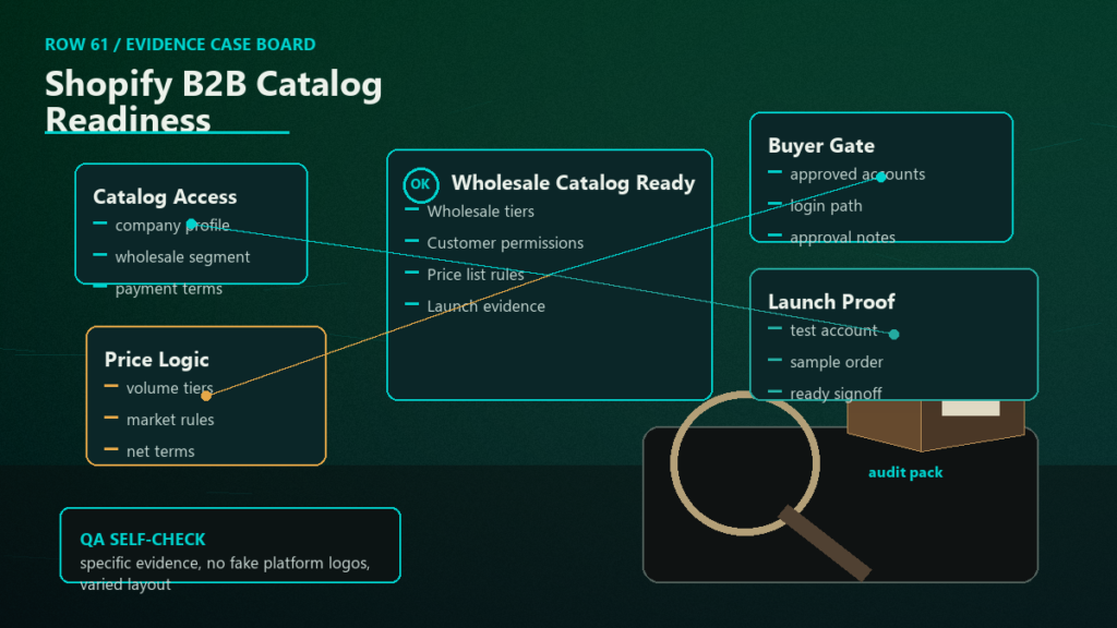 Dark ecommerce evidence board showing Shopify B2B catalog access, buyer gates, price logic, and launch proof.