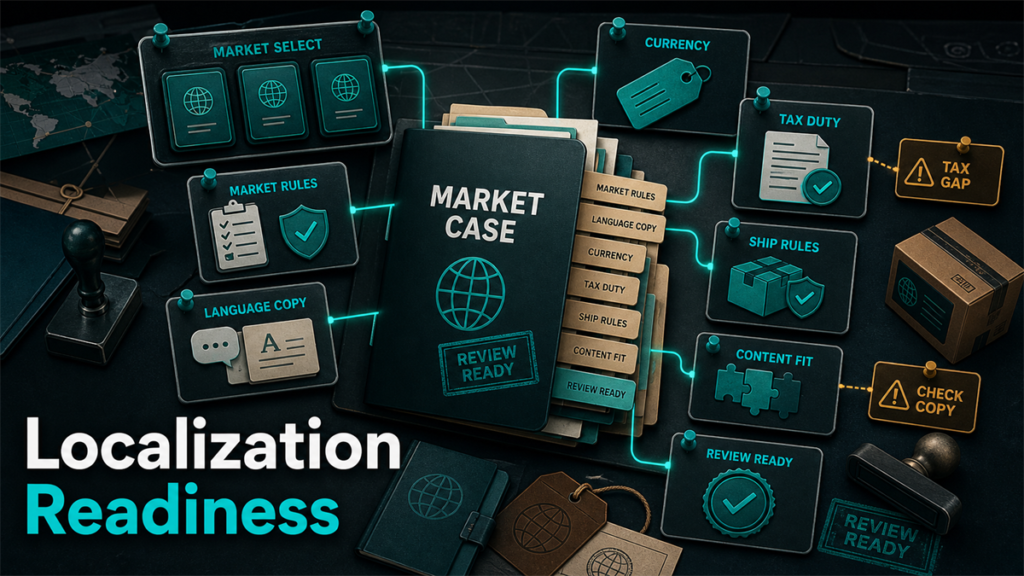 Localization readiness evidence board with market selector, market rules, language copy, currency, tax duty, ship rules, content fit, and review-ready checks.