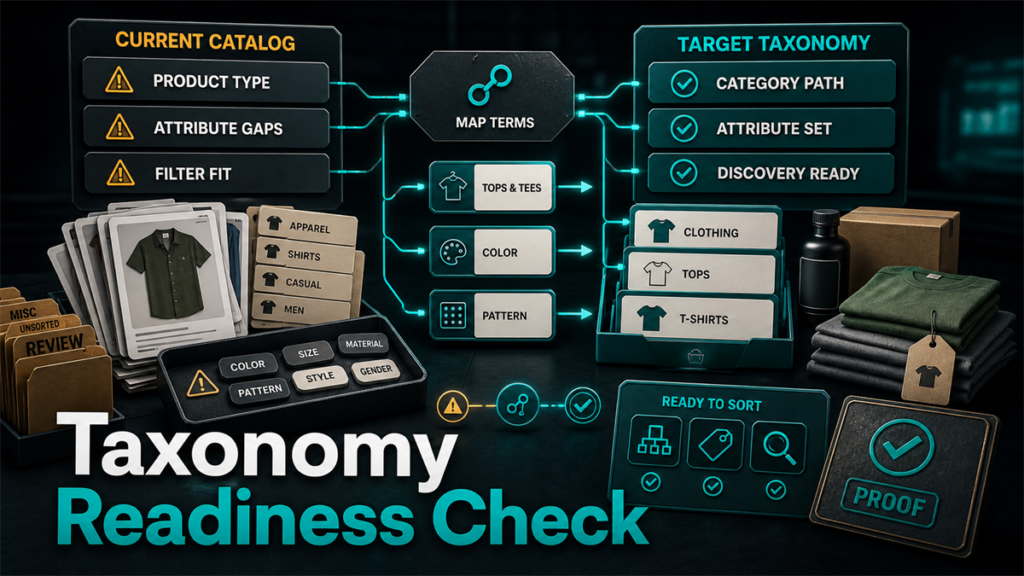 Taxonomy readiness split screen comparing current catalog issues with target taxonomy mapping, category path, attribute set, and ready-to-sort checks.