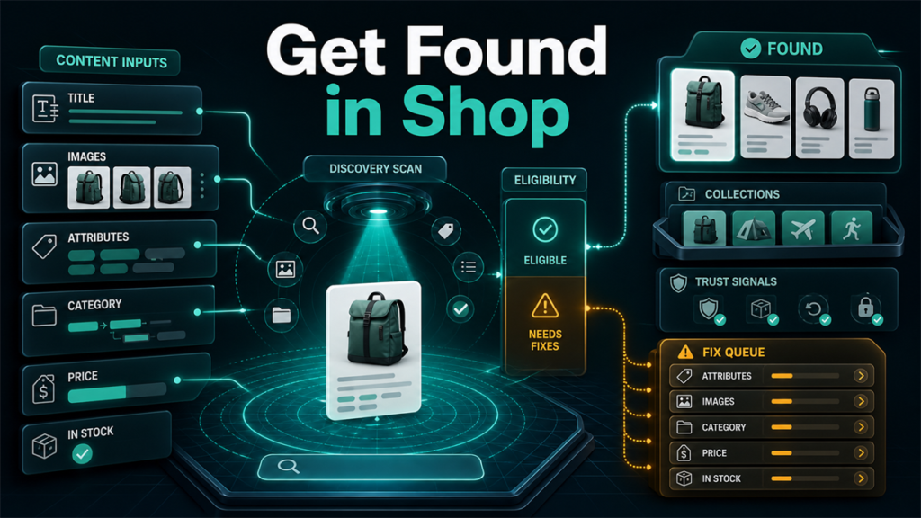 Shop channel readiness scan showing title, images, attributes, category, price, stock, eligibility, collections, trust signals, and fix queue.