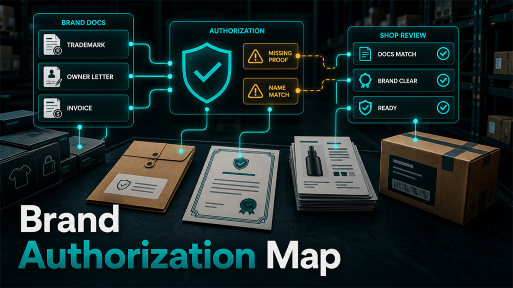 Brand authorization map with ecommerce documents, cartons, proof checks, missing-proof warnings, and shop review status.