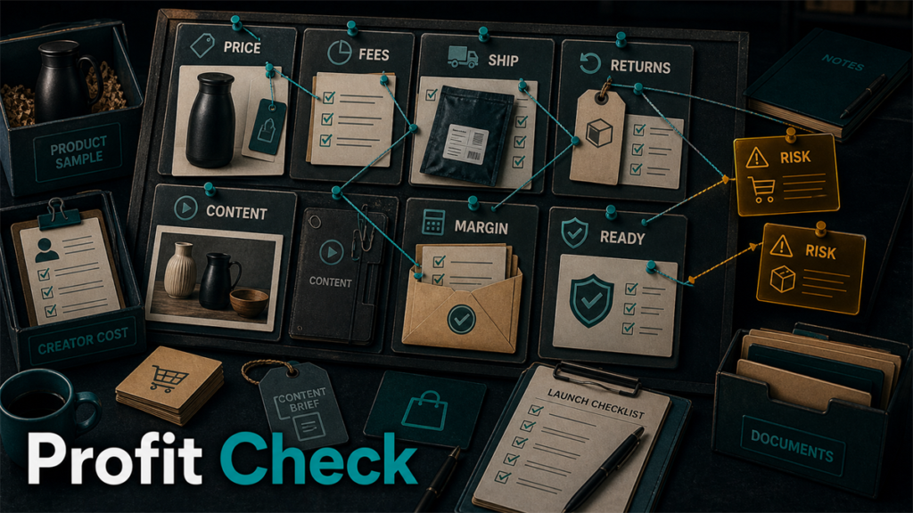 Profit check evidence board with fee, shipping, return, content, and margin readiness cards.