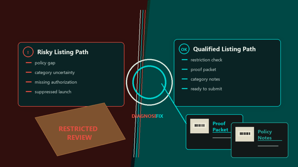 Split-screen restricted product qualification board comparing a risky listing path with a proof-ready submission path.