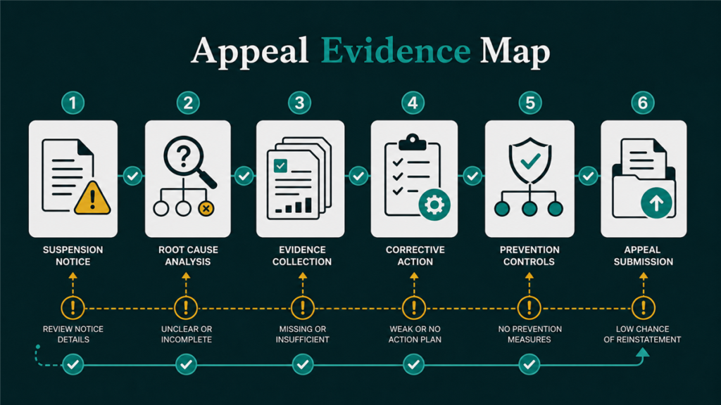 Evidence map showing Walmart account suspension root causes, corrective actions, prevention controls, and appeal preparation.