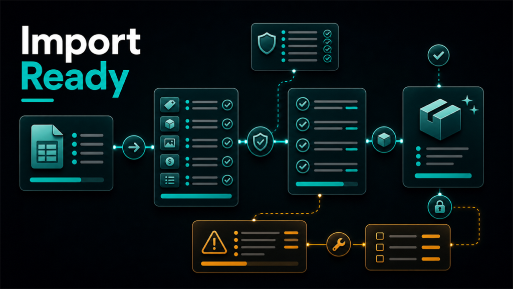 Seller preparing Walmart product data and import files for bulk catalog setup