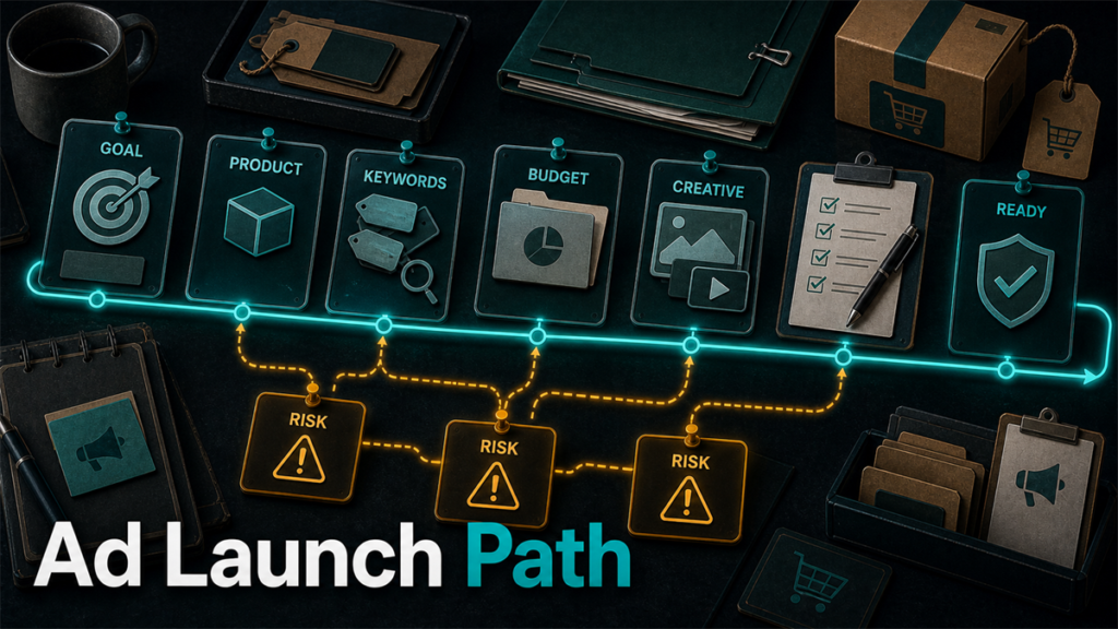 Advertising launch path with campaign cards, review checkpoints, and risk branches.
