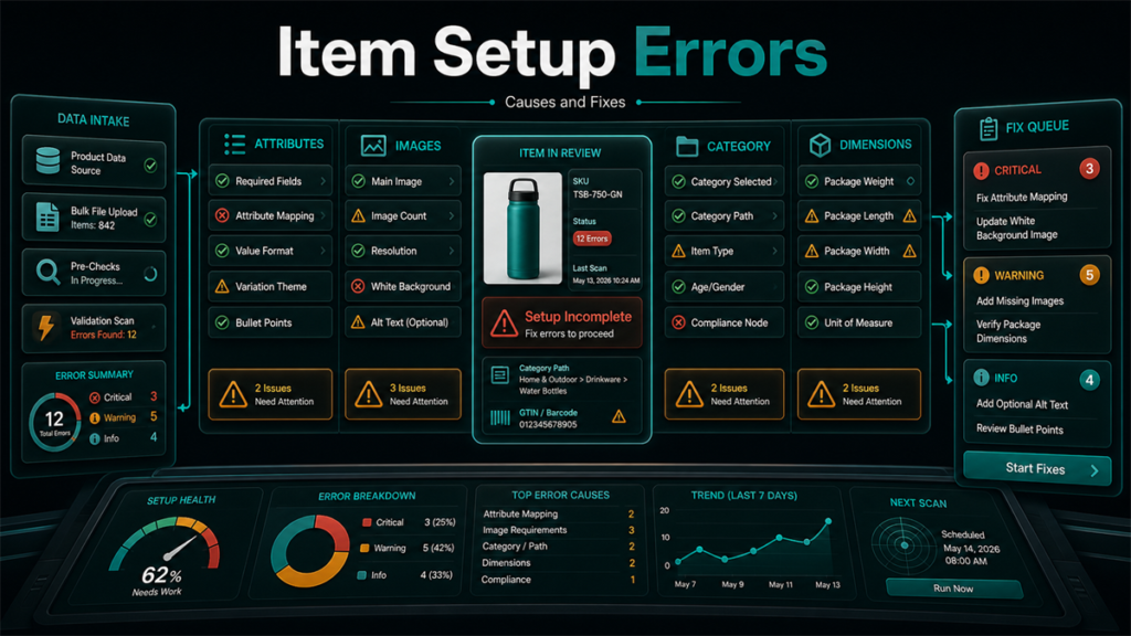 Item setup errors command center showing attribute, image, category, dimension, compliance, and fix-queue checks.