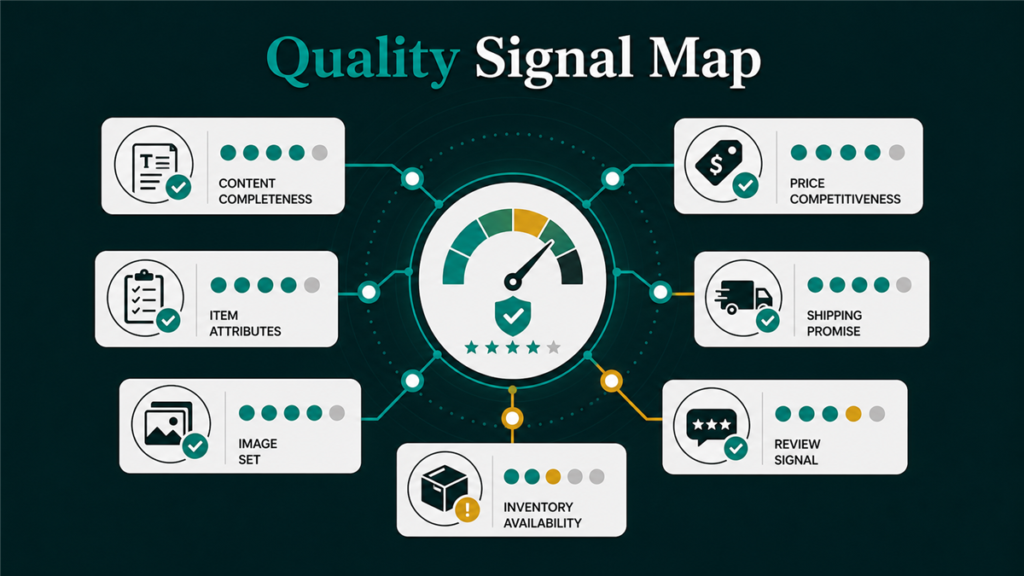 Dashboard-style editorial map showing Walmart listing quality signals for content, attributes, shipping, price, and reviews without fake UI.