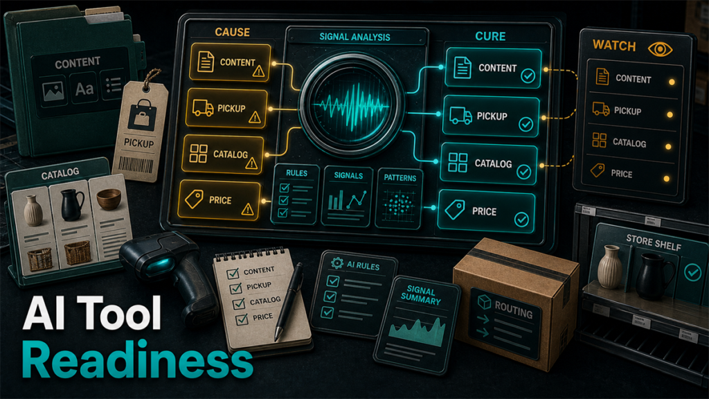 AI tool readiness heatmap connecting omnichannel content signals to cure actions.
