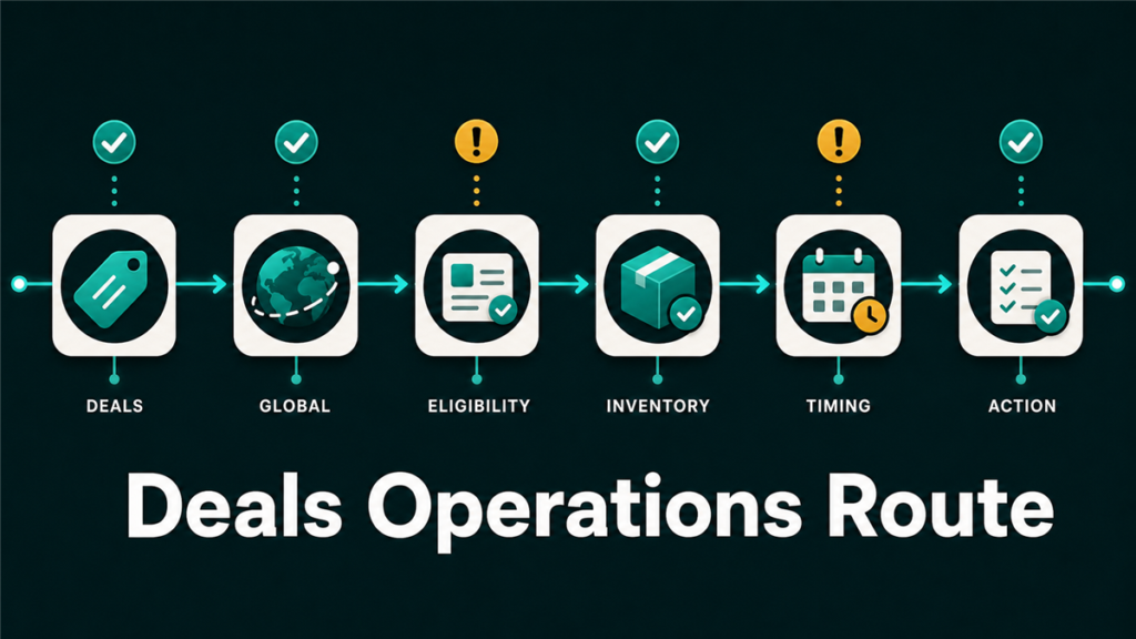 Deals operations route showing deals, global route, eligibility, inventory, timing, and action nodes.