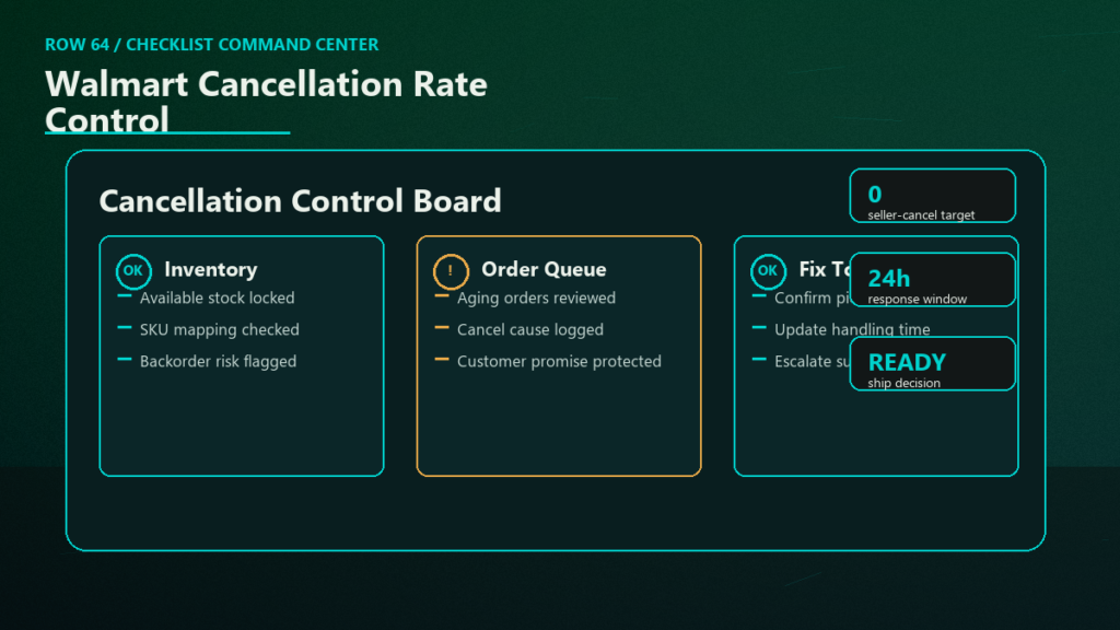 Cancellation control command center with inventory checks, order queue review, and same-day fix actions.