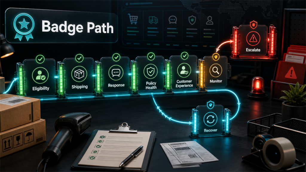Dark seller badge path workspace with eligibility, shipping, response, policy health, customer experience, monitor, escalation, and recovery checkpoints.