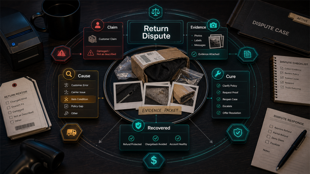 Dark return dispute evidence hub showing claim, cause, evidence, cure, and recovered outcome around a returned package.