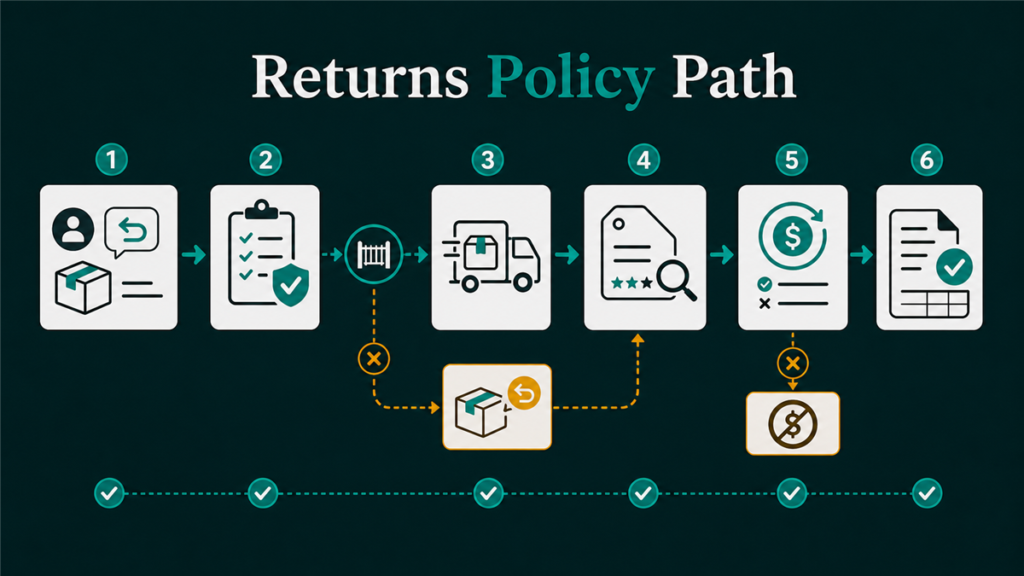 Workflow showing Walmart seller return settings, return request, item condition, refund handling, and reconciliation.