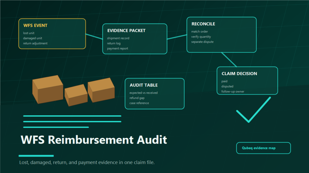 WFS reimbursement audit map showing lost, damaged, return adjustment, evidence packet, reconciliation, and claim decision steps