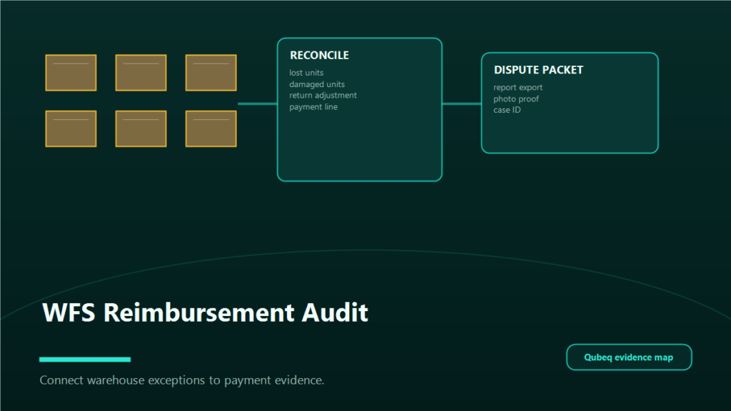 WFS reimbursement audit board connecting warehouse exceptions, reconciliation checks, and dispute packet evidence.