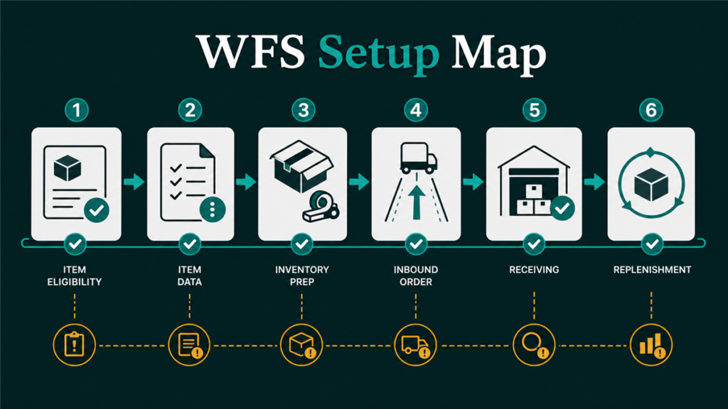 Workflow map showing Walmart WFS setup from item eligibility to inventory prep, inbound shipment, and replenishment.