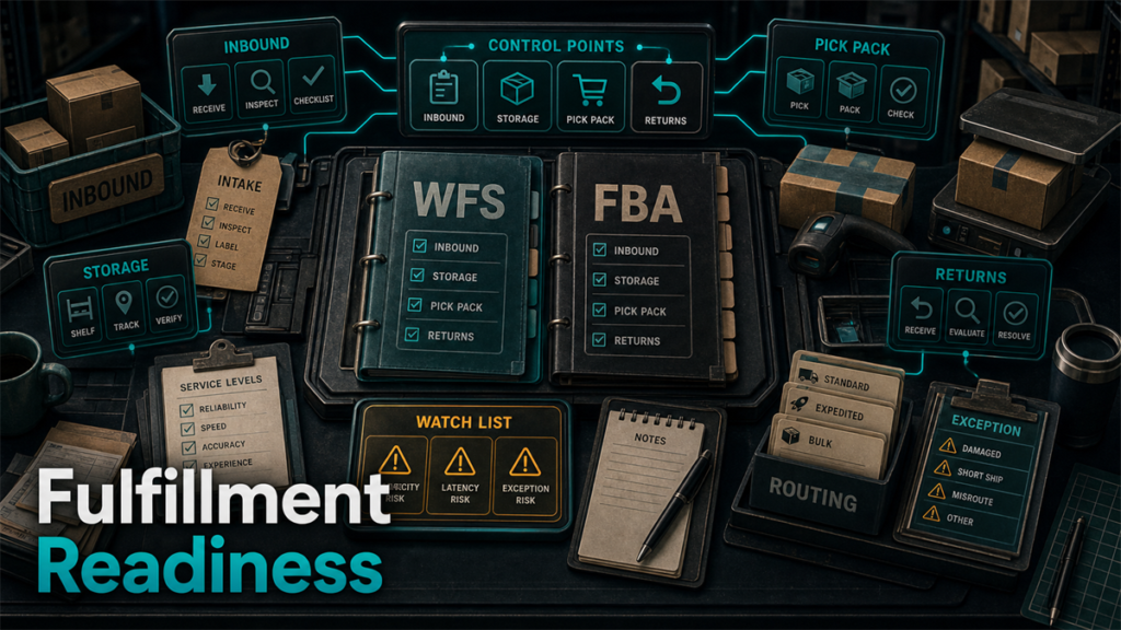 Fulfillment readiness command center comparing WFS and FBA operating checkpoints.