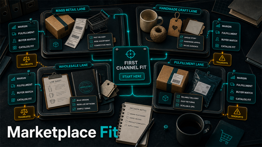 Marketplace fit decision board with channel trays, product props, and readiness signals.