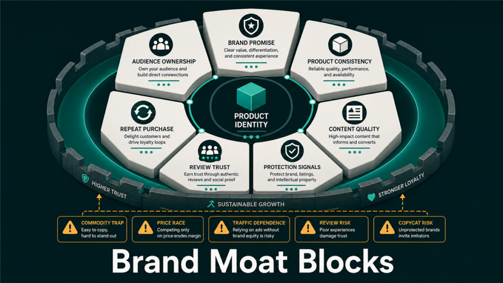 Brand moat blocks showing brand promise, product consistency, content quality, review trust, repeat purchase, audience ownership, and protection signals.